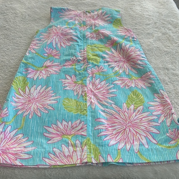 Lilly Pulitzer Girls Size 7 Aqua Pink Floral Shift Dress Pockets & Side Tie - Picture 11 of 13